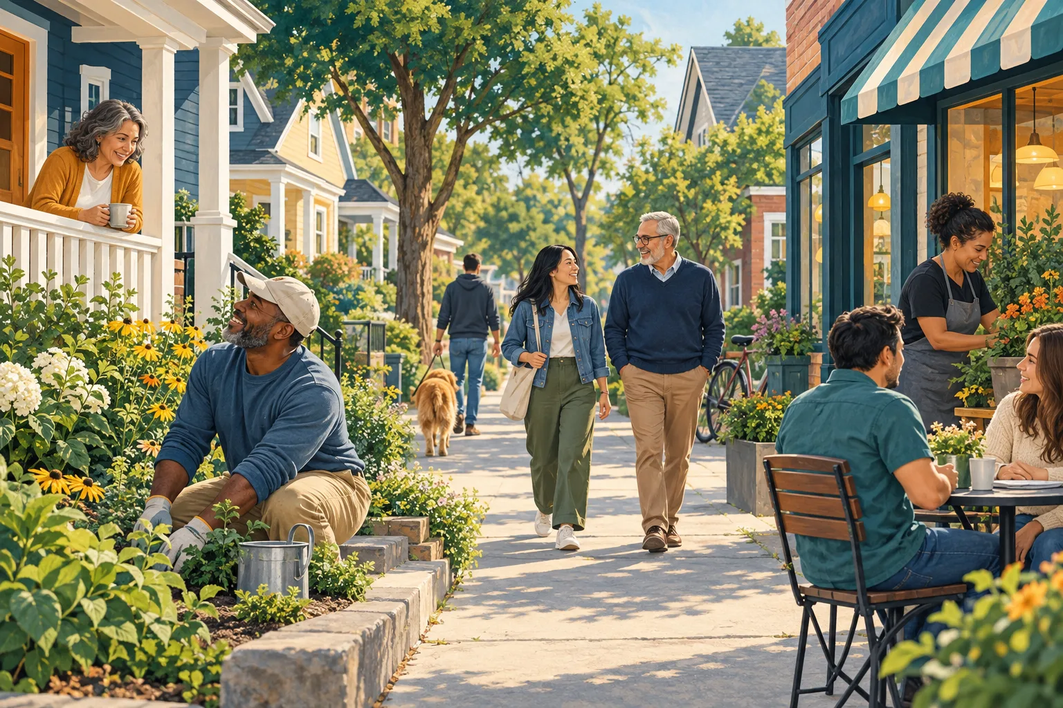 Illustration of adults walking, gardening, and talking along an ordinary neighborhood street with homes and a café.