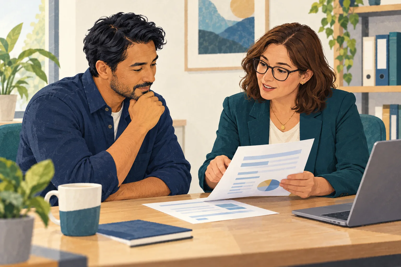 Illustration of two fictional adults seated together, reviewing a document at an office desk.
