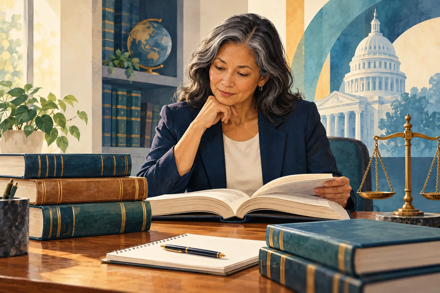 Illustration of an adult reading a legal reference book beside other books, a notebook, and balance scales.