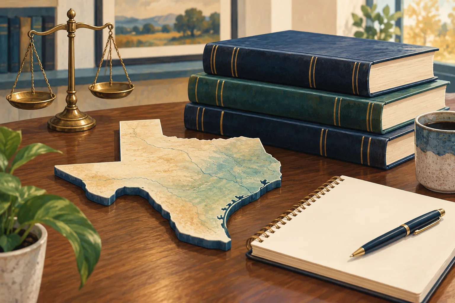 Illustrated Texas-shaped map tile beside legal reference books, balance scales, and a blank notebook.