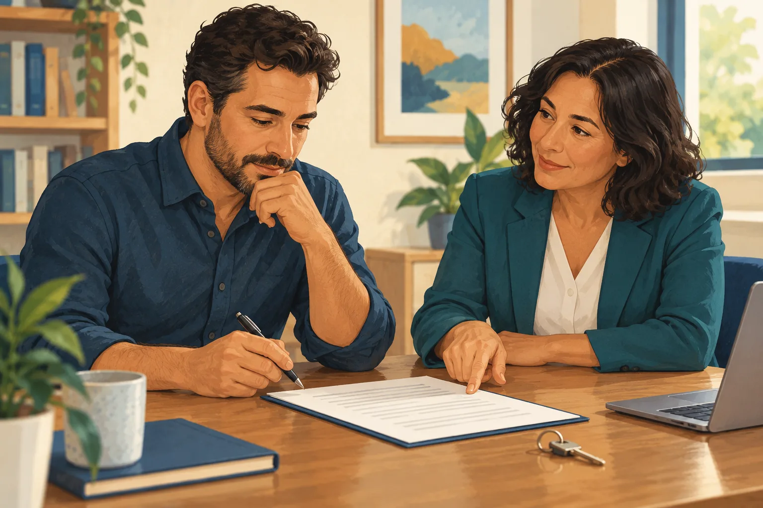 Illustration of a fictional adult reviewing a plain agreement with an adviser; a key lies on the table.