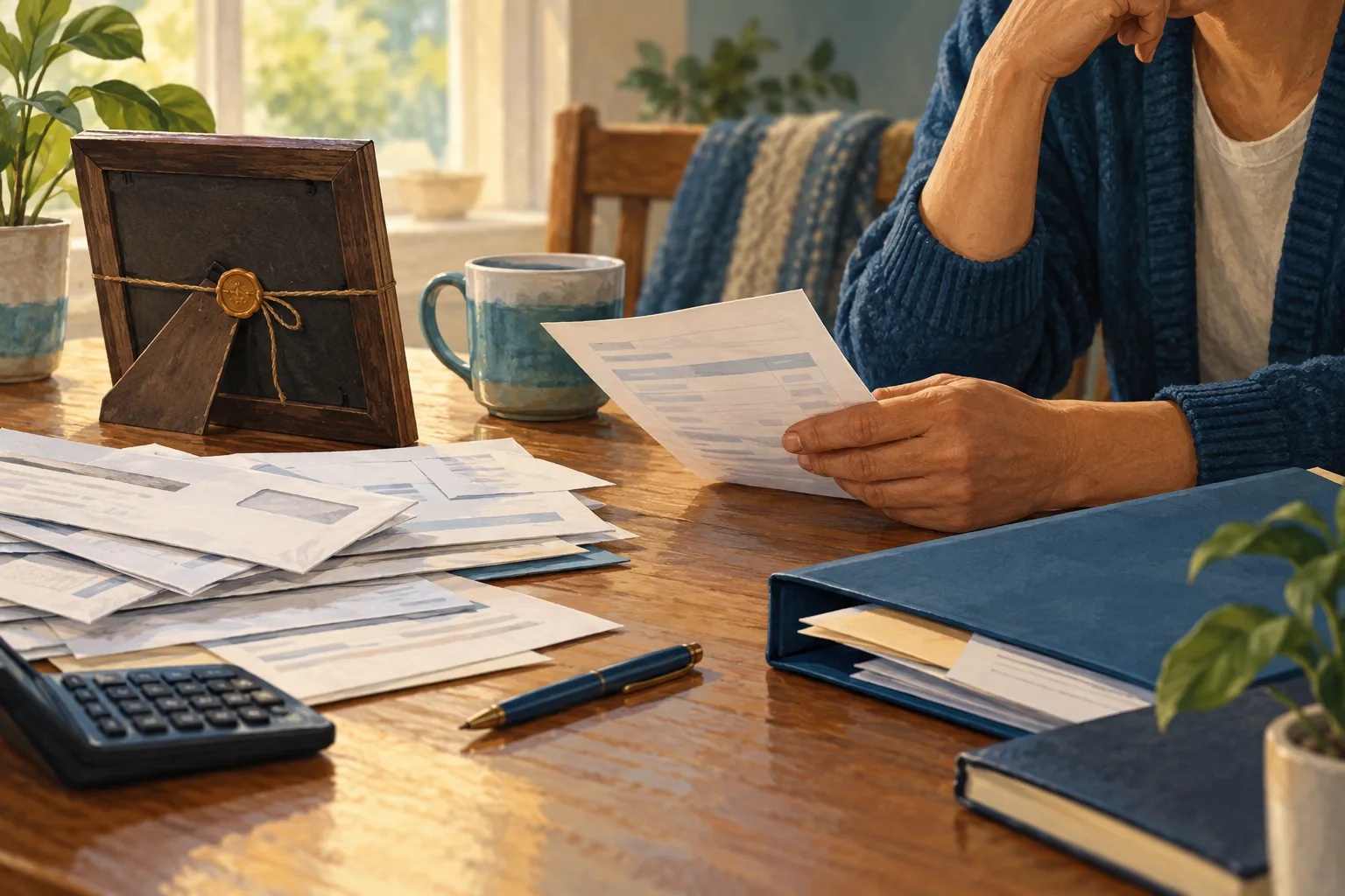 Illustration of an adult reviewing bills beside a closed folder and the back of a photograph frame.