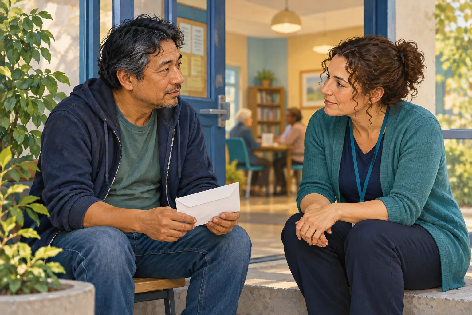 Illustration of two fictional adults talking beside an open community center doorway; one holds an envelope.