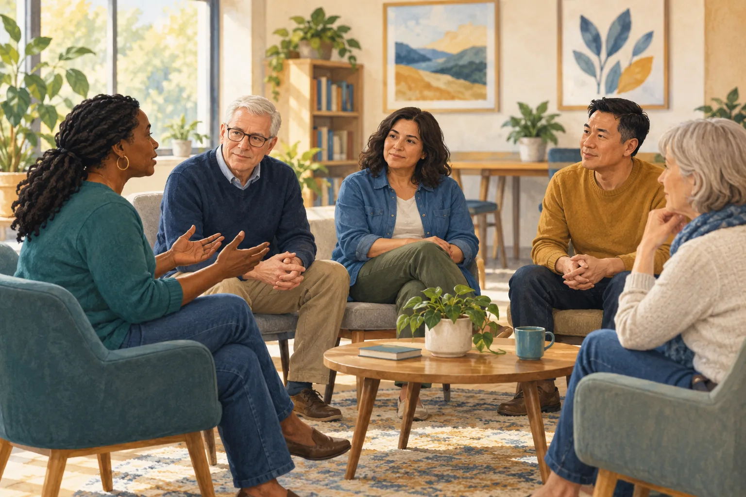 Illustration of five fictional adults having a calm group conversation in a community room.