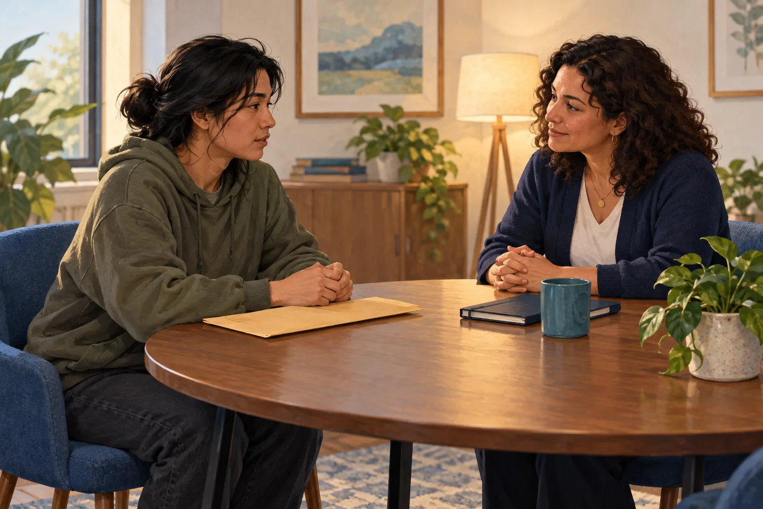 Two fictional adults talk at a table, with a plain document envelope beside the speaker and a closed notebook beside the listener.