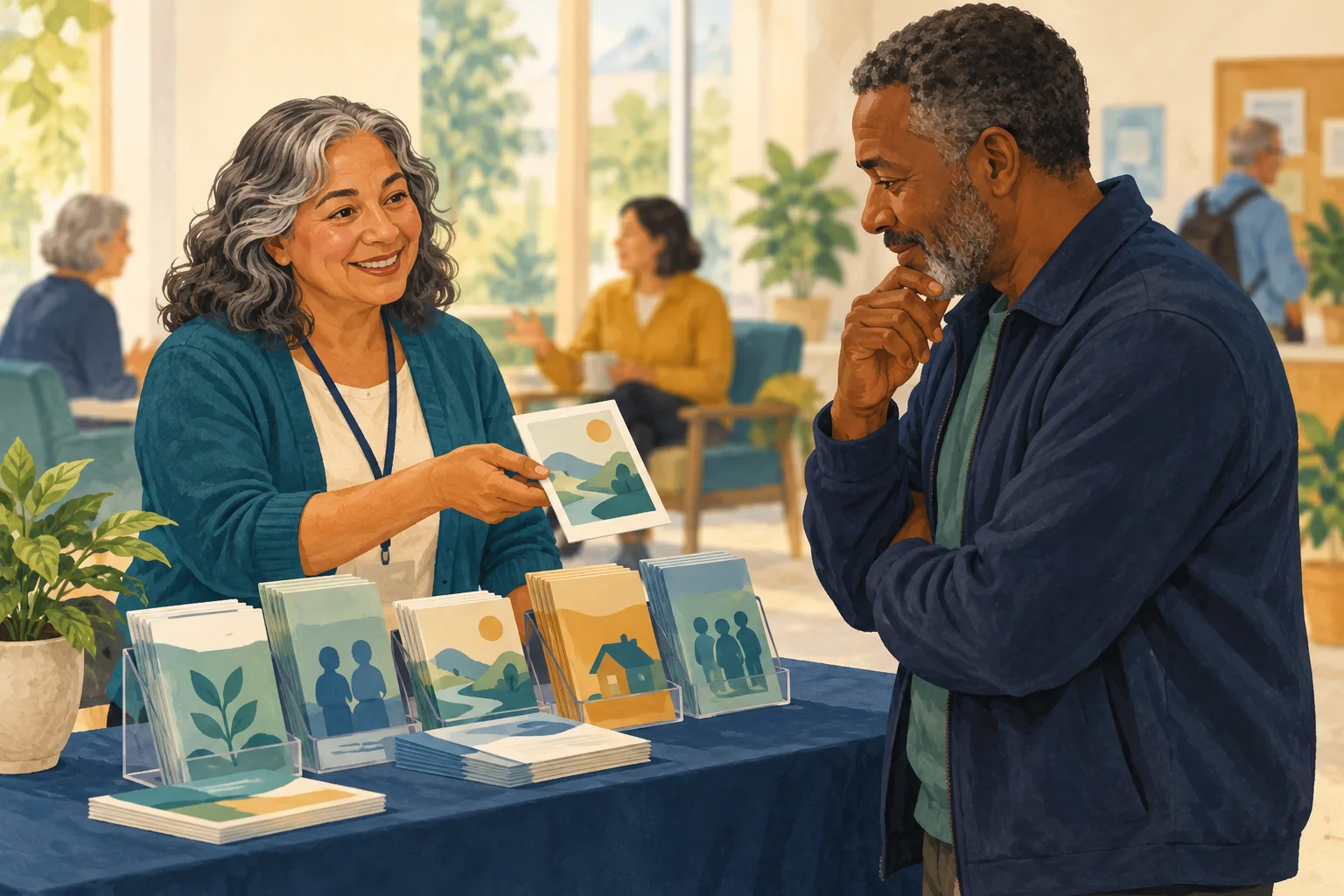 Illustration of a community volunteer offering a resource card to an adult at a help desk.