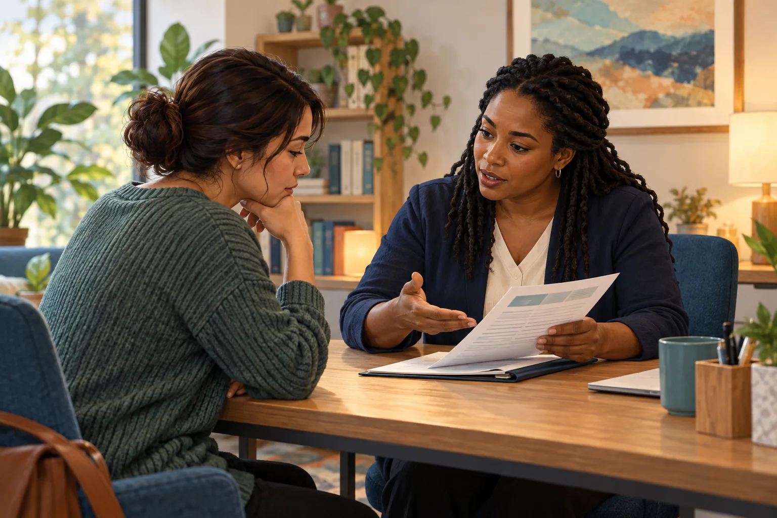 A fictional adviser explains an information sheet to another adult at a private resource desk.