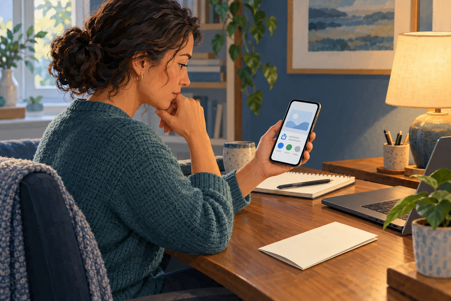 A fictional adult pauses over a phone sharing screen, with no identifying personal information visible.