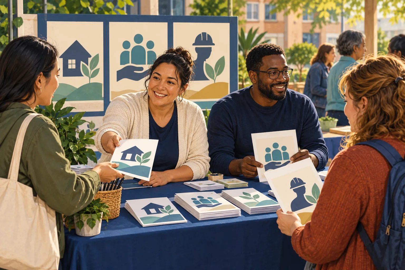 Fictional adult neighbors share illustrated housing and workplace resource leaflets at a community table.