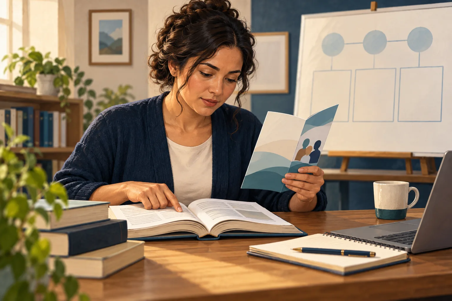 A fictional adult compares an educational leaflet with a reference book.