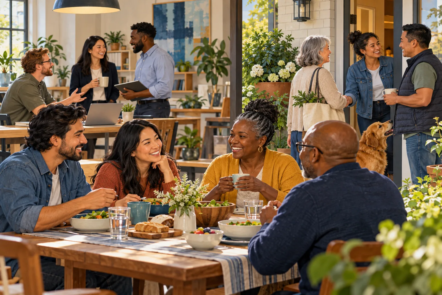 Fictional adults share a meal, converse at work and greet neighbors in a balanced community scene.