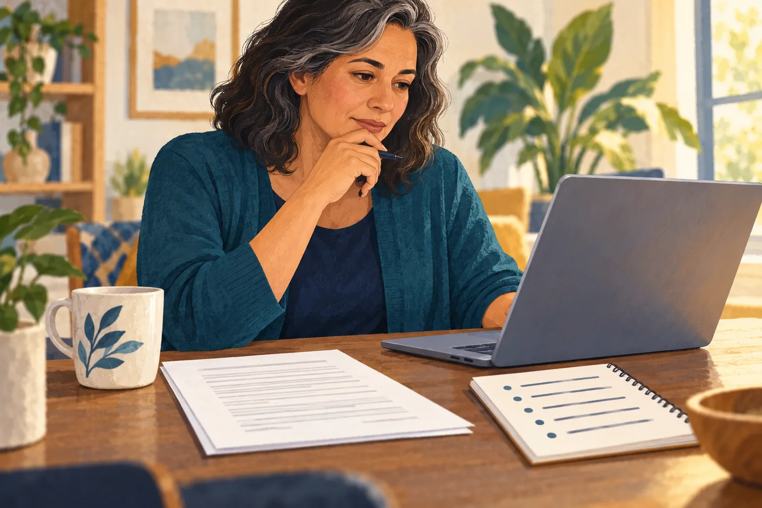 Illustration of a fictional adult considering information on a laptop beside an unsigned document and question notebook.