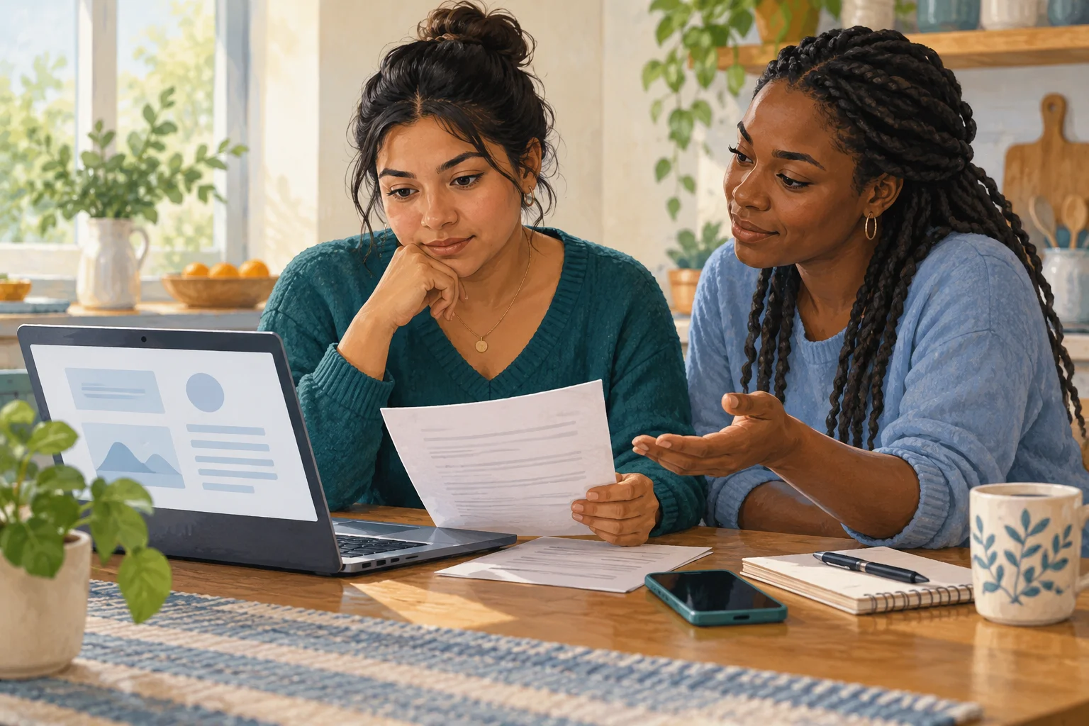 Two fictional adult friends review a job offer together on a laptop and paper, with personal documents in front of their owner.