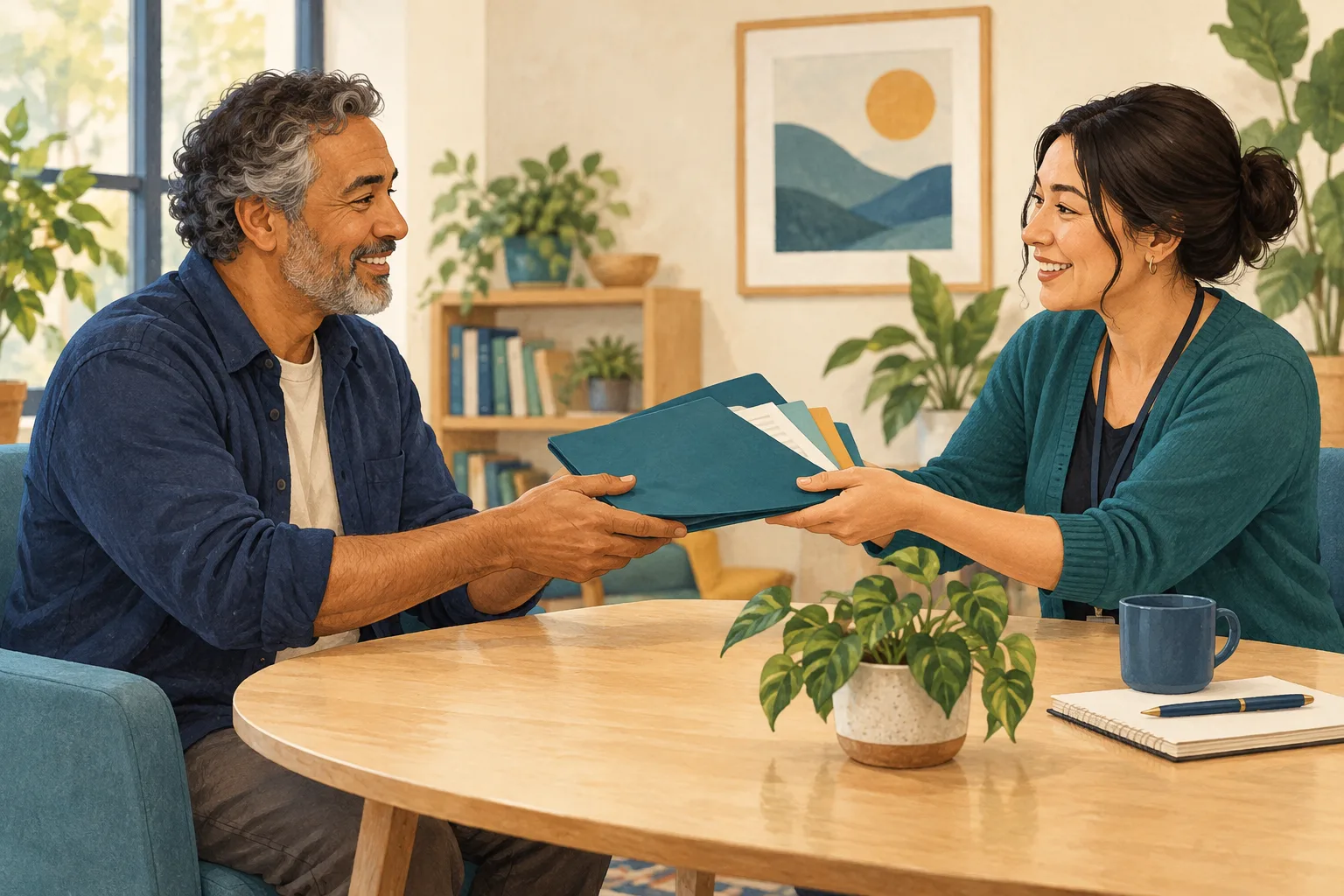 Illustration of two fictional adults sharing a resource folder across a community center table.