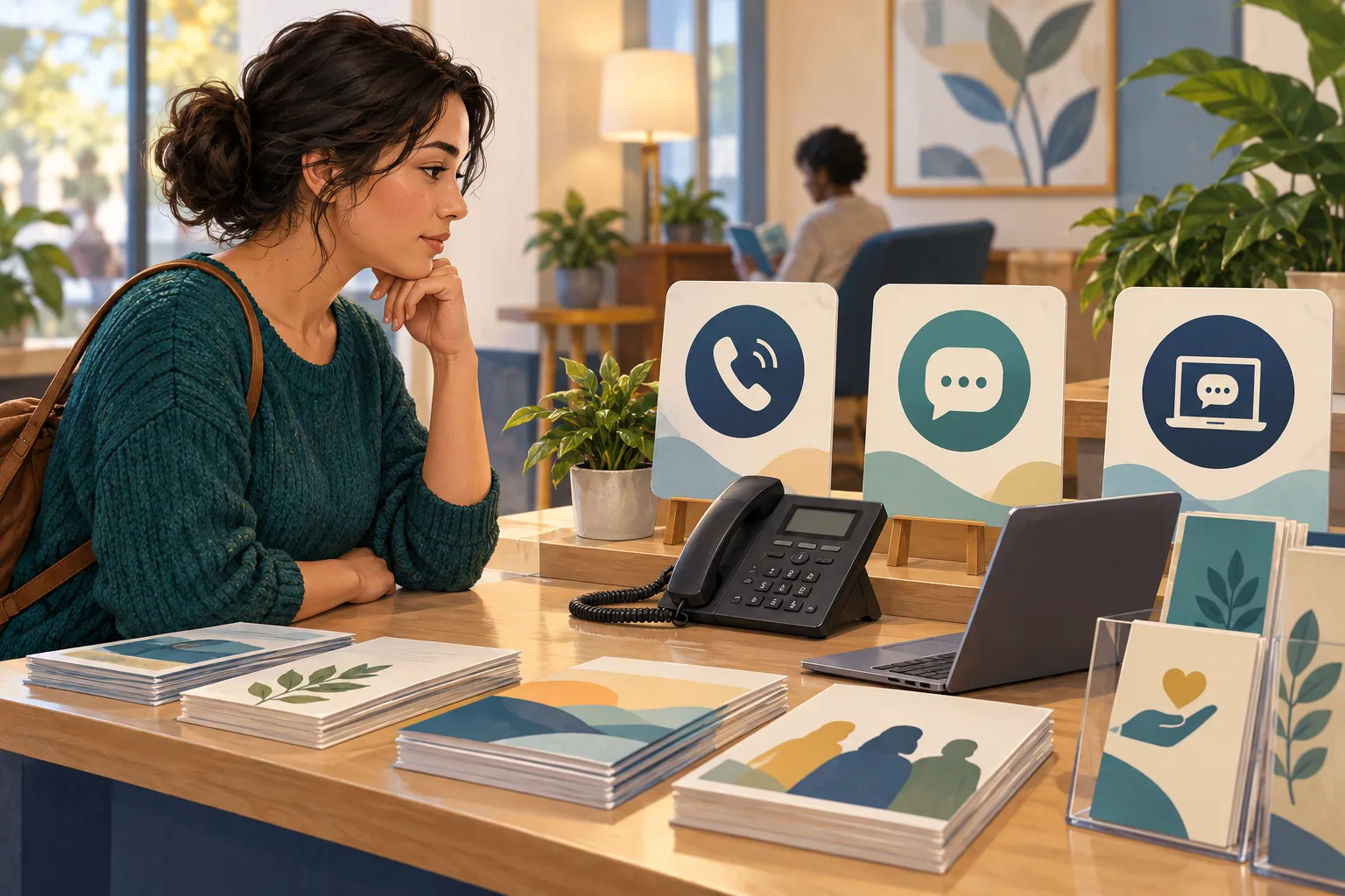 A fictional adult considers telephone, text-message and online-chat symbols at a resource desk.