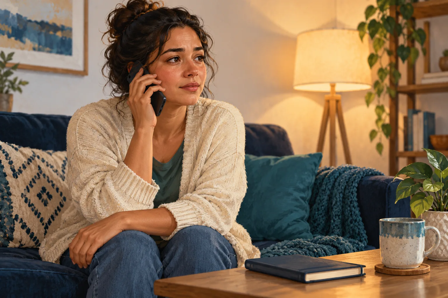 A fictional adult speaks on a phone in a private room, with a closed notebook nearby.