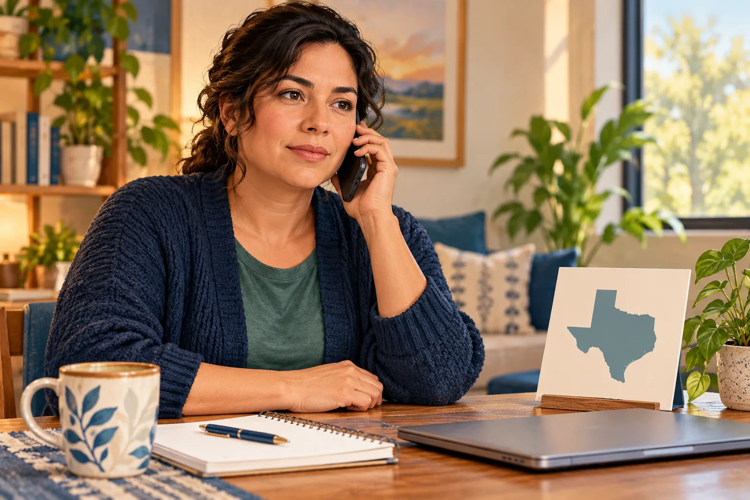 A fictional adult makes a phone call beside a plain Texas-shaped reference card.