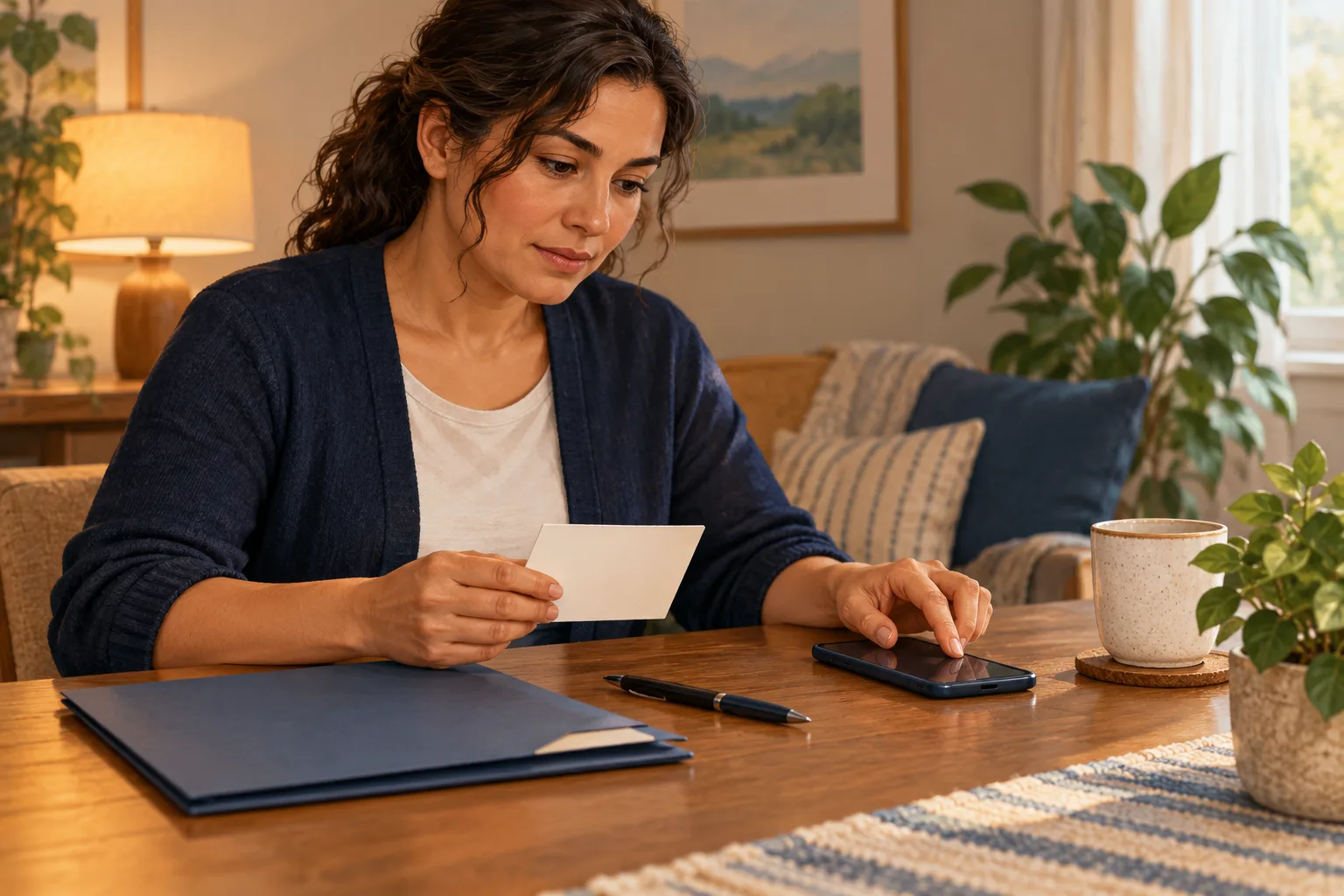 A fictional adult holds a plain contact card beside a phone and closed folder.