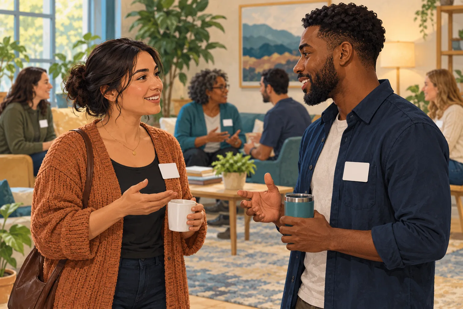 Two fictional adults introduce themselves in a welcoming community room, wearing blank name cards.