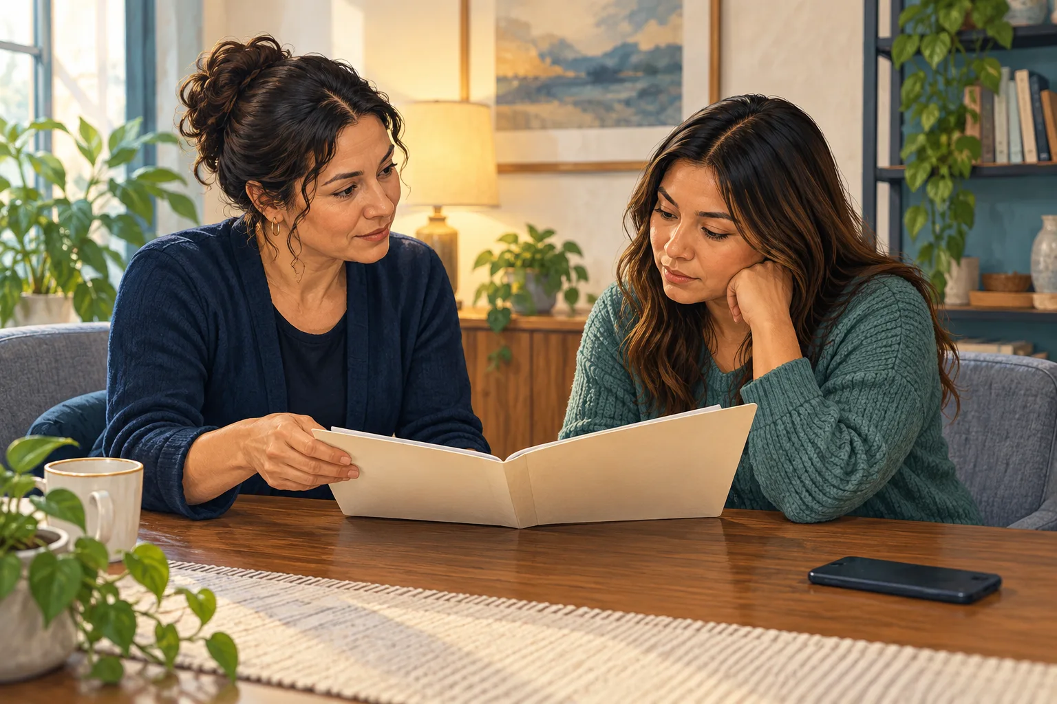 Two fictional adults review a plain folder together, with a phone resting face-down on the table.