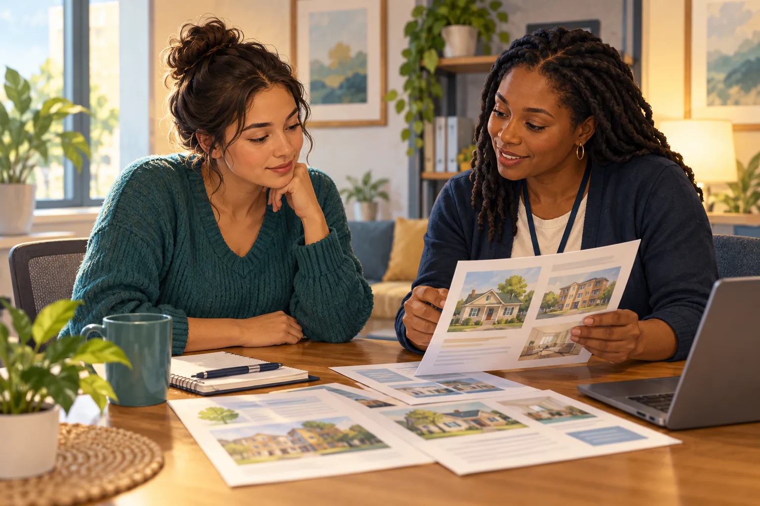 Two fictional adults review housing resource sheets together at a table.