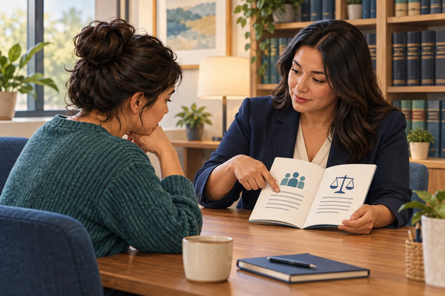 A fictional adviser points to a rights booklet while an adult listens across the desk.