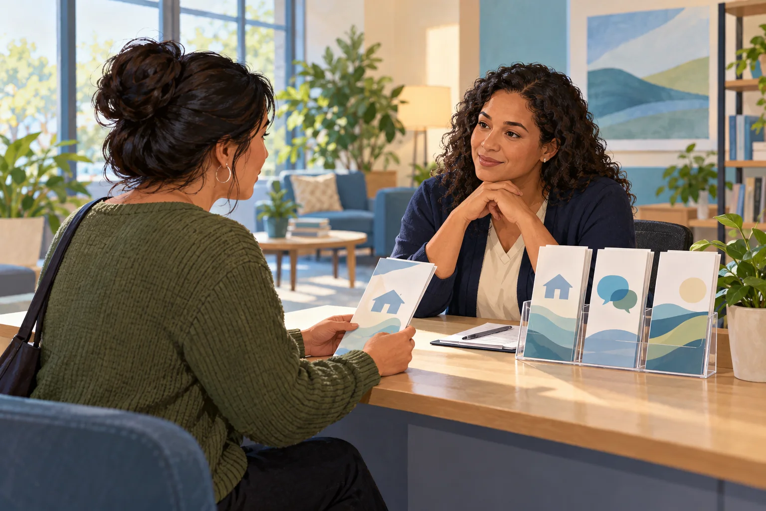 A fictional adult chooses a brochure at a community resource desk while another adult listens.