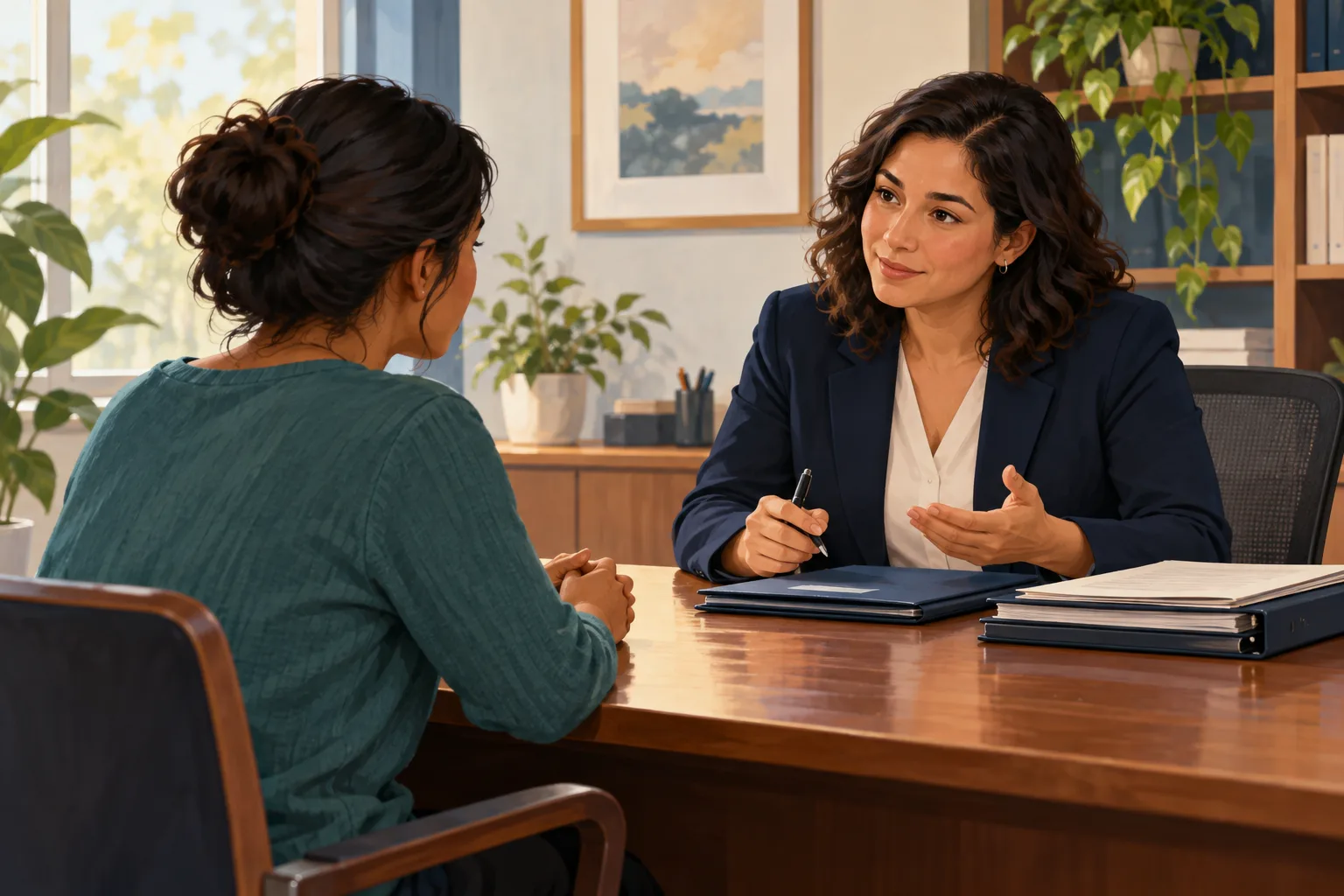 A fictional adult consults an adviser across a desk with plain folders.