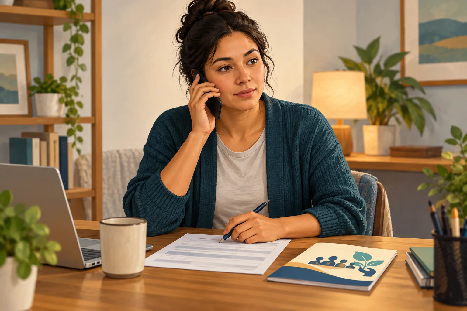 A fictional adult makes a phone call at a desk with a plain record sheet and resource booklet.