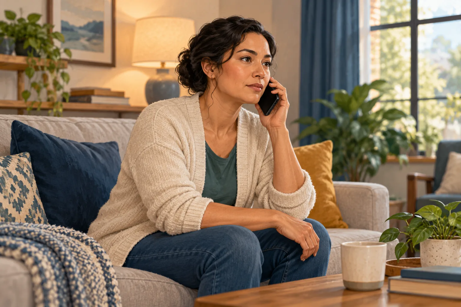 A fictional adult makes a phone call from a calm indoor setting.