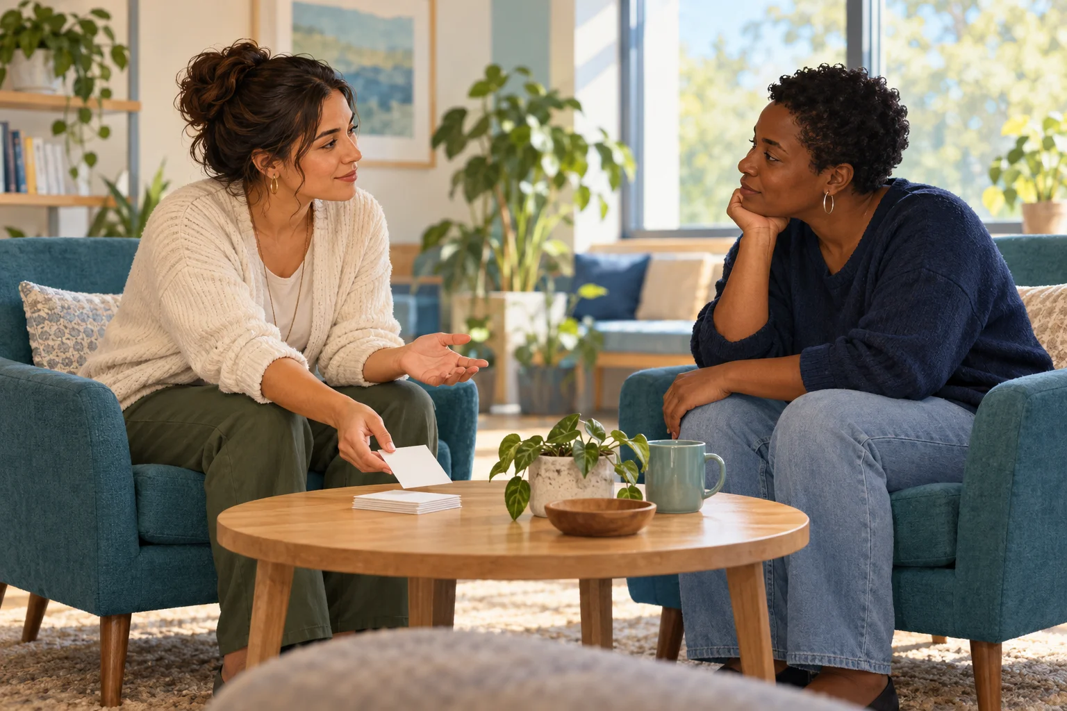 Two fictional adults sit at the same height with space between them while a resource card is offered.