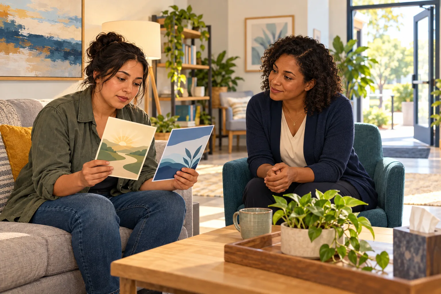 A fictional adult reviews two resource leaflets while an adviser listens in a comfortable room.