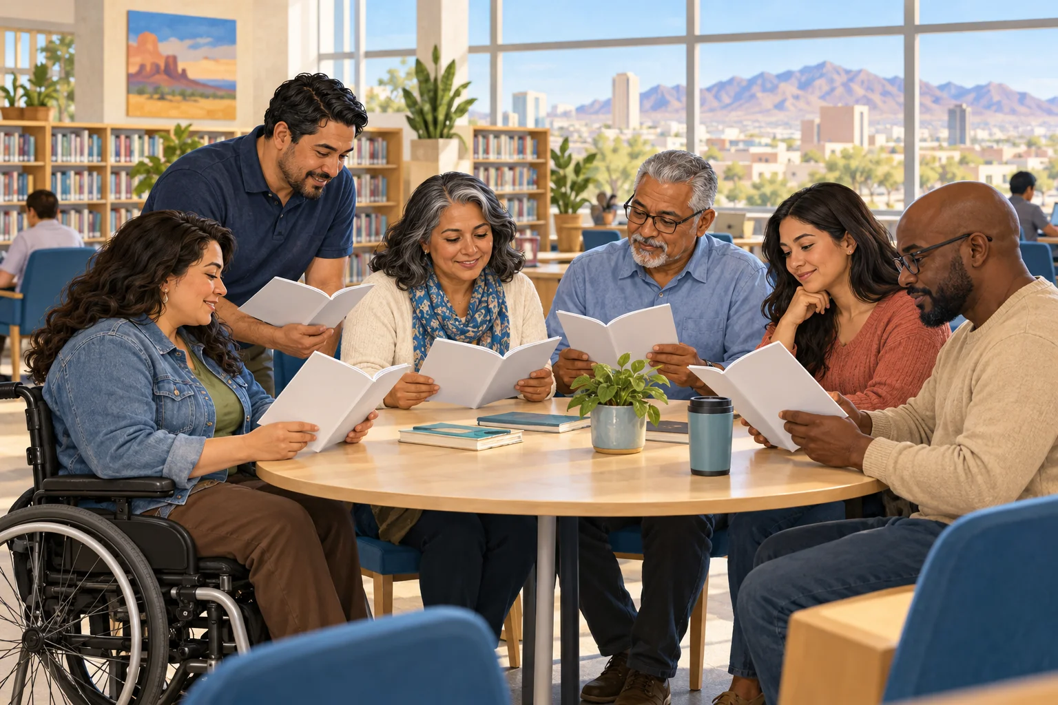 Fictional adults read course booklets together around a library table.