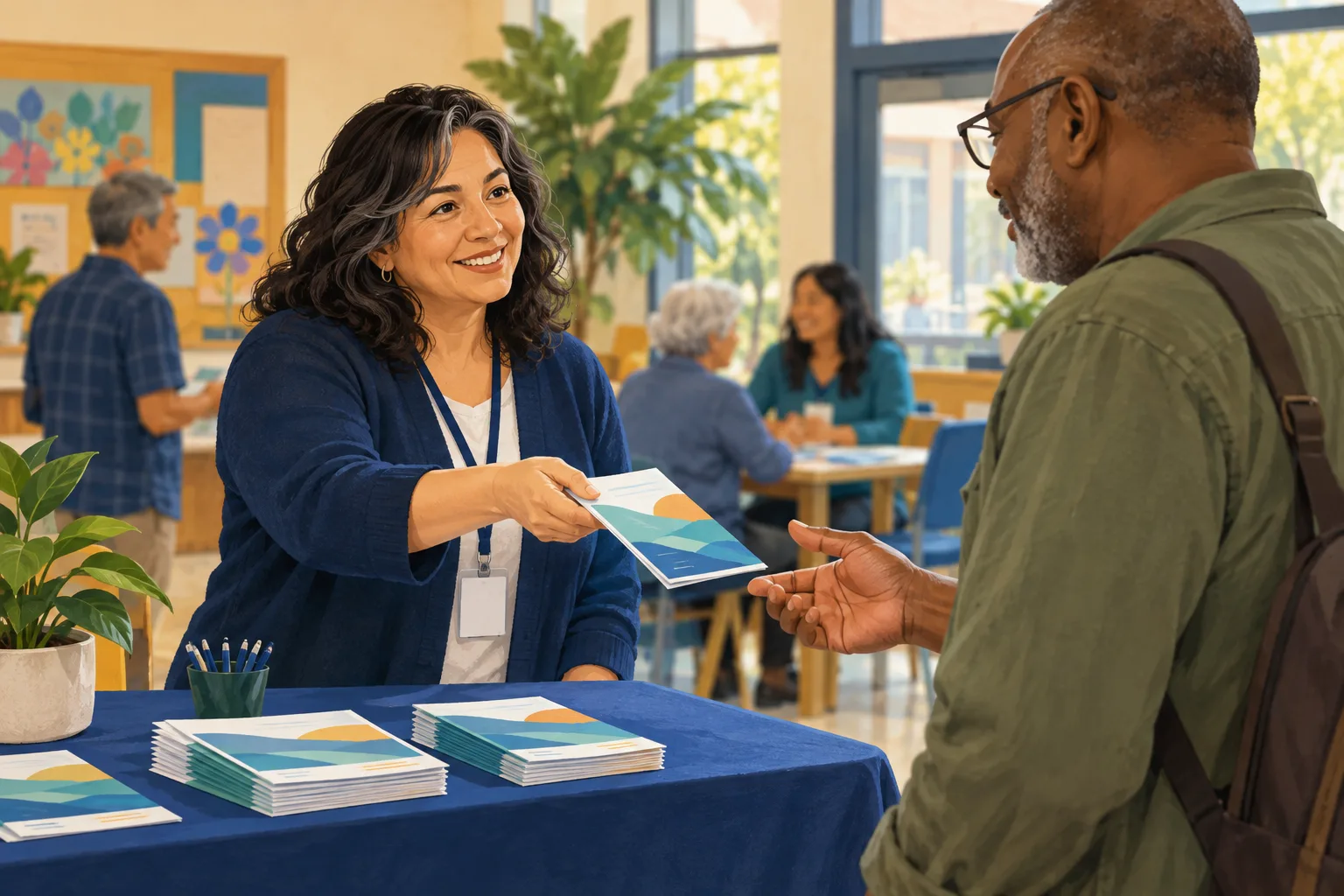 Illustration of an adult volunteer offering a resource leaflet to another adult at a community center.