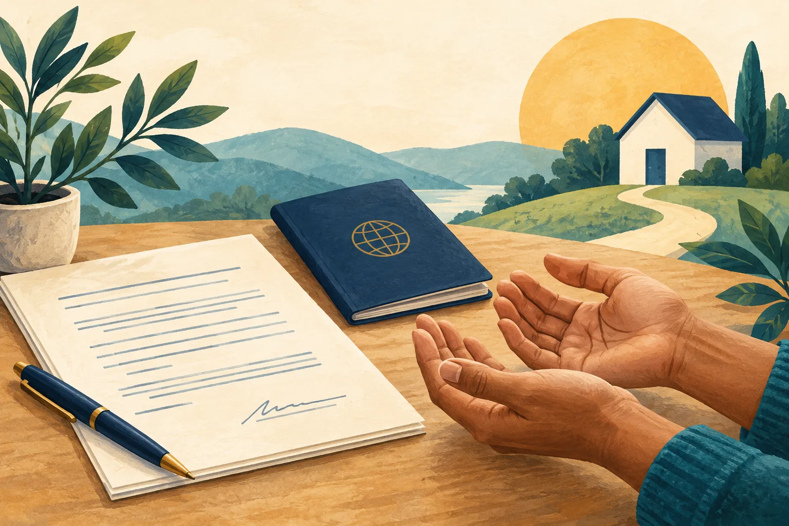Illustrated still life of a work agreement, closed identity booklet, open hands, and a small house, representing dignity and choice.