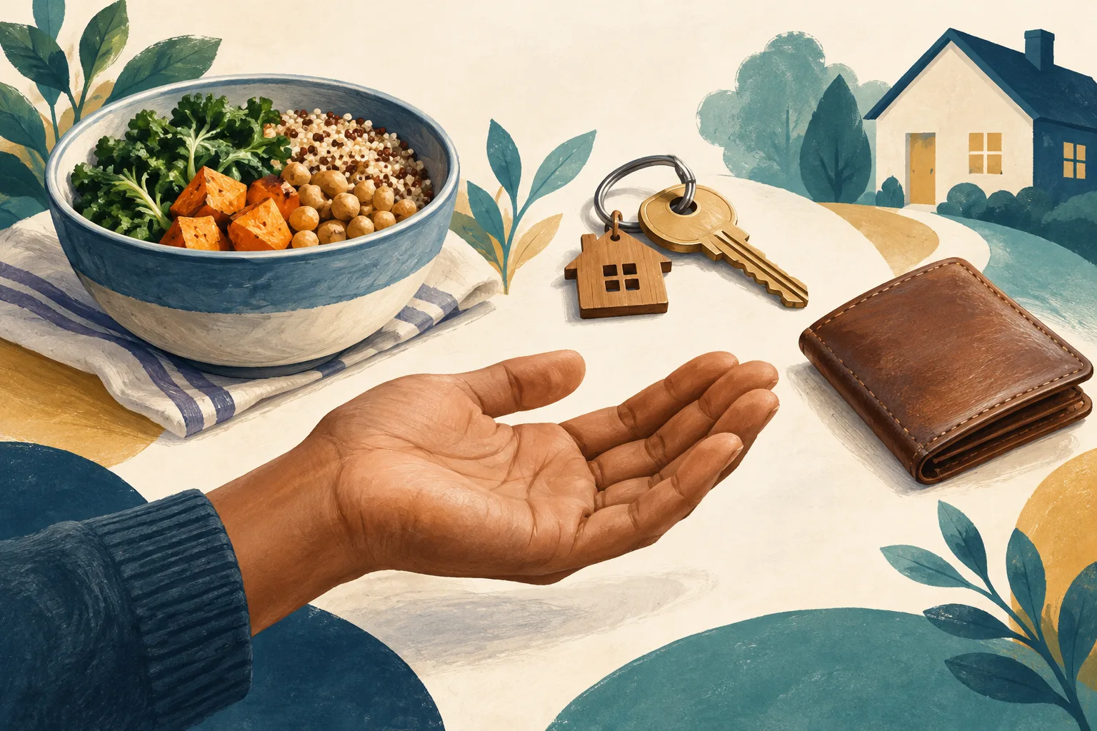 Illustrated bowl of food, house key, wallet, and open hand, representing basic needs and support.