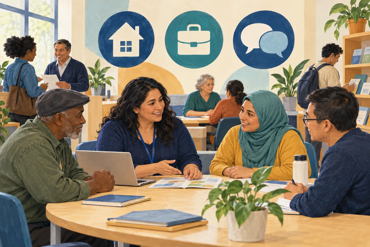 Illustration of adults discussing resources in a community center with housing, work, and conversation symbols.