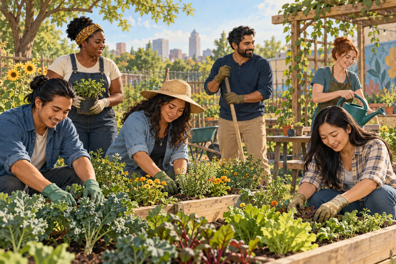 A diverse group of fictional adults tends plants together in a community garden.