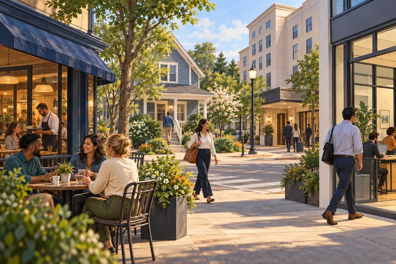 An ordinary community streetscape shows a restaurant, home, hotel and workplace.