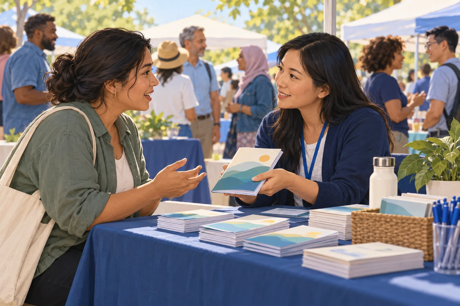 An adult visitor and volunteer talk at a community information table while looking at a resource booklet.