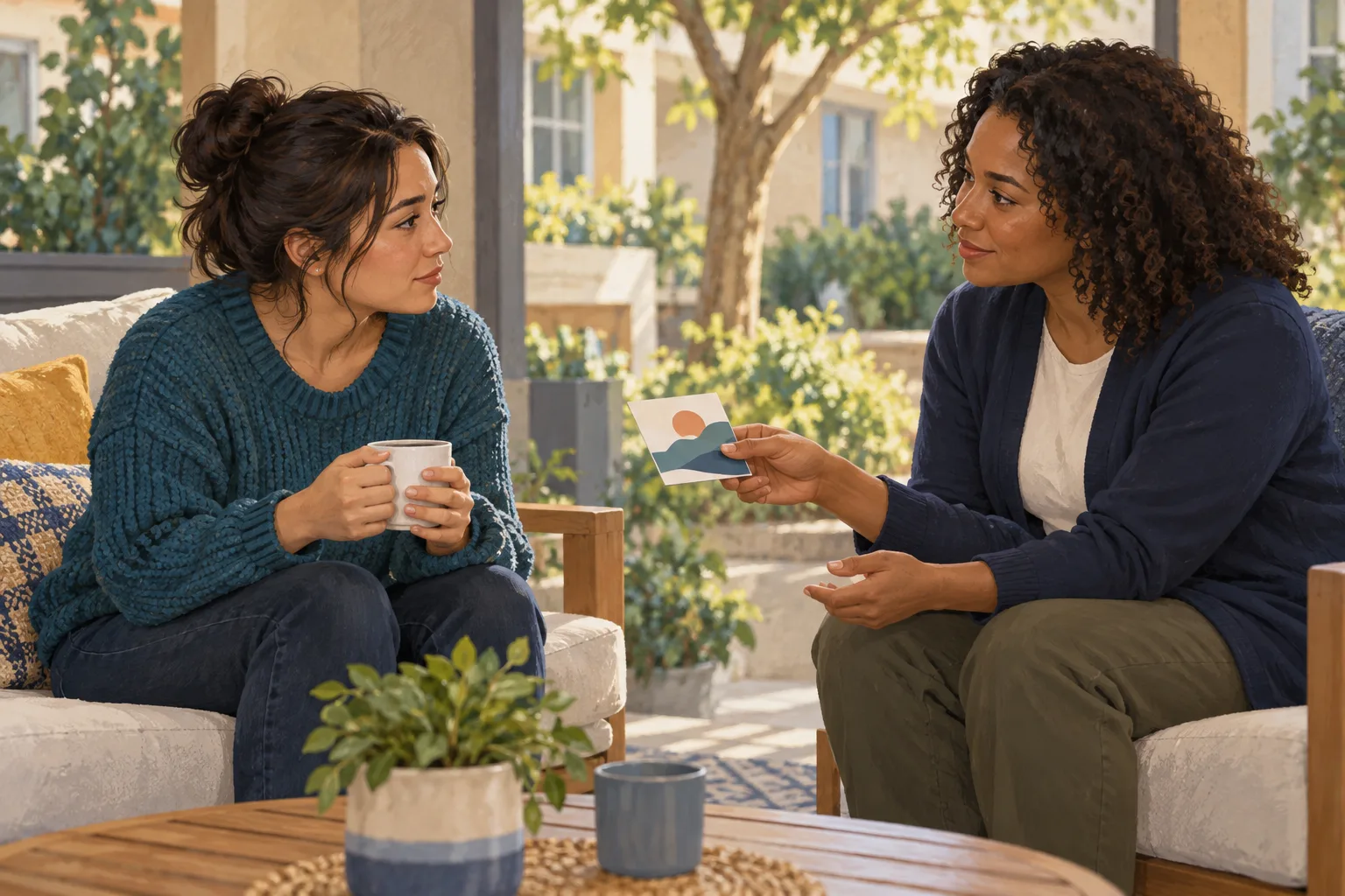 Two fictional adults talk calmly while one offers a general resource card.