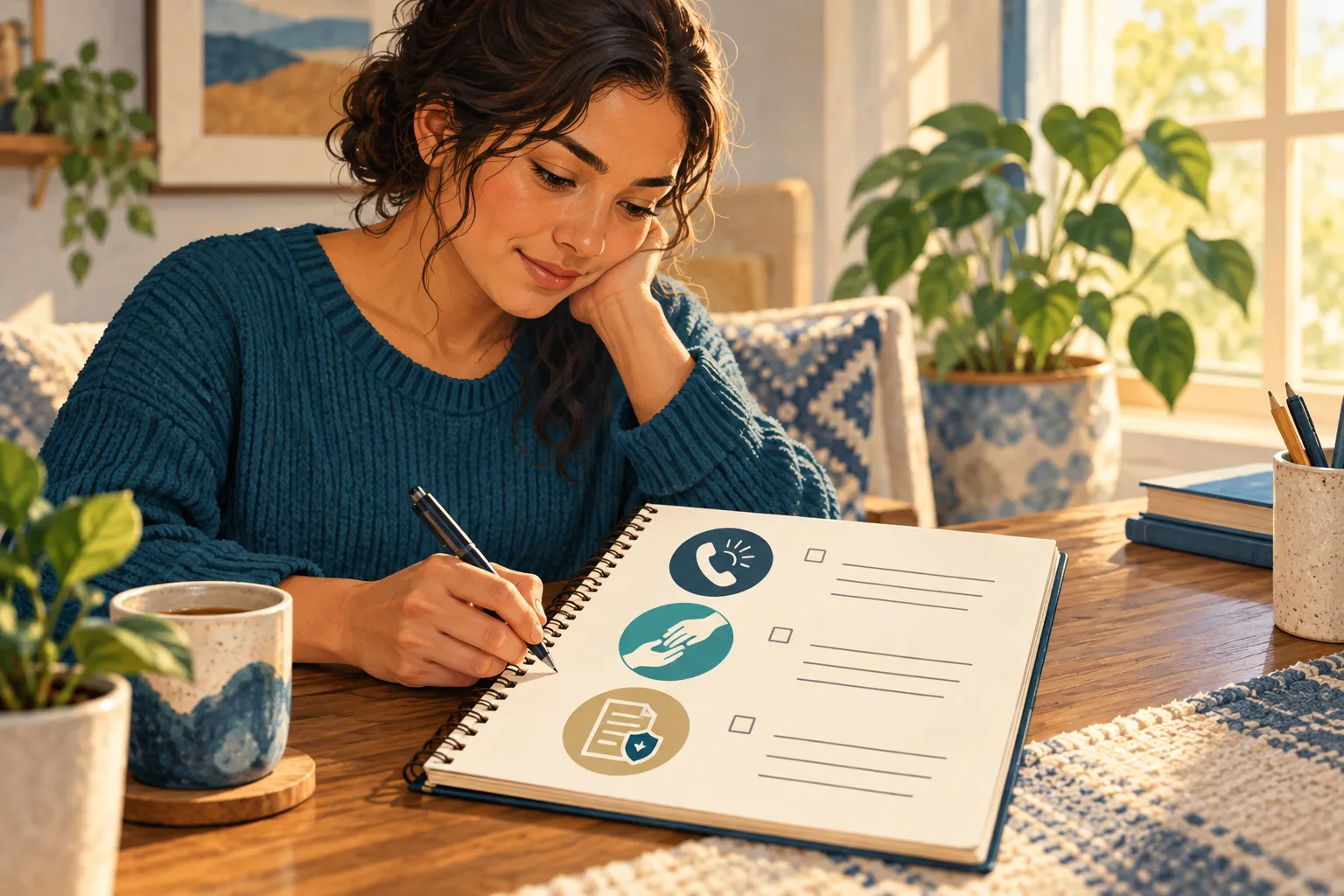 A fictional adult writes in a notebook with simple telephone, helping-hands and reporting symbols.