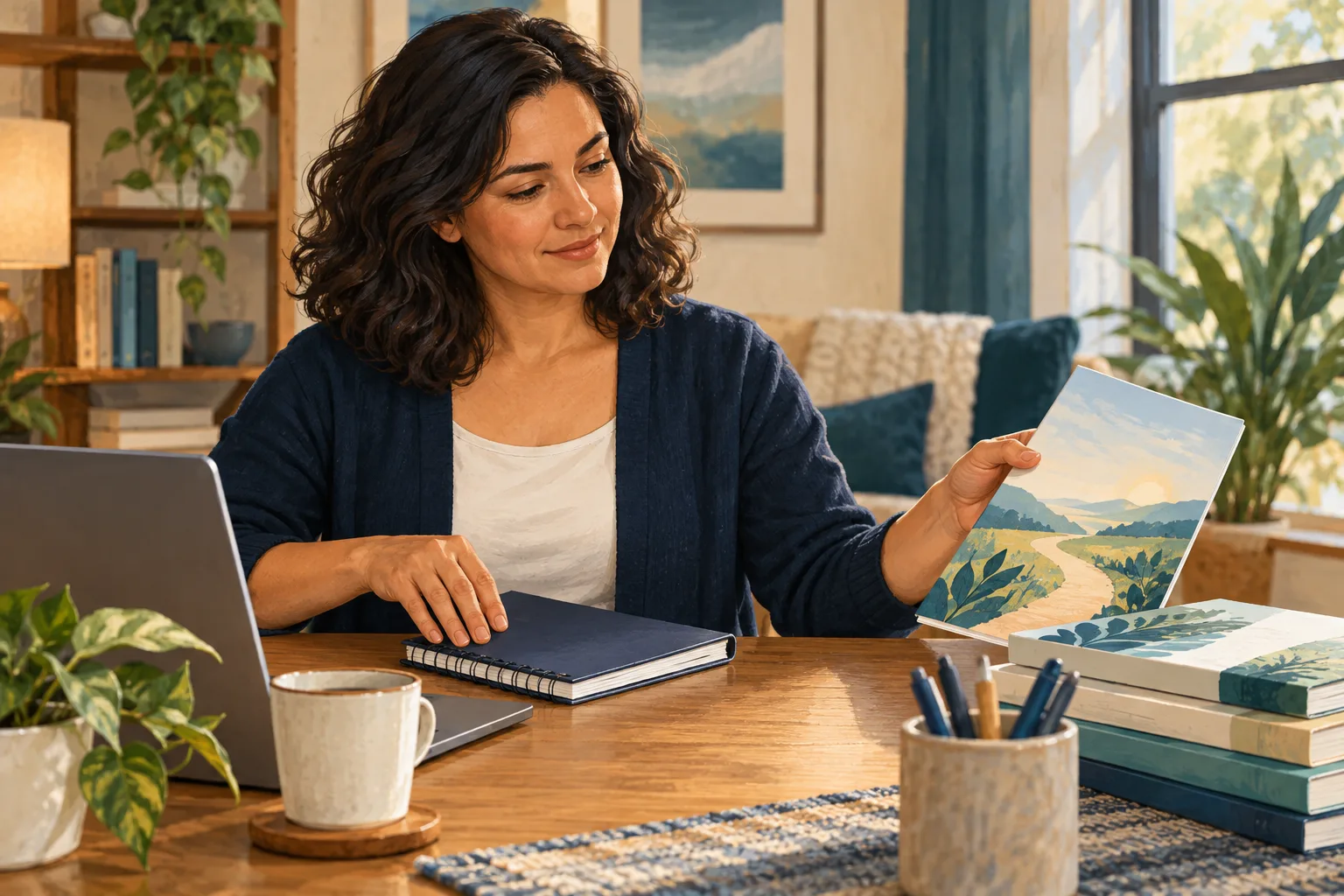 A fictional adult holds a further-learning booklet beside a closed notebook.